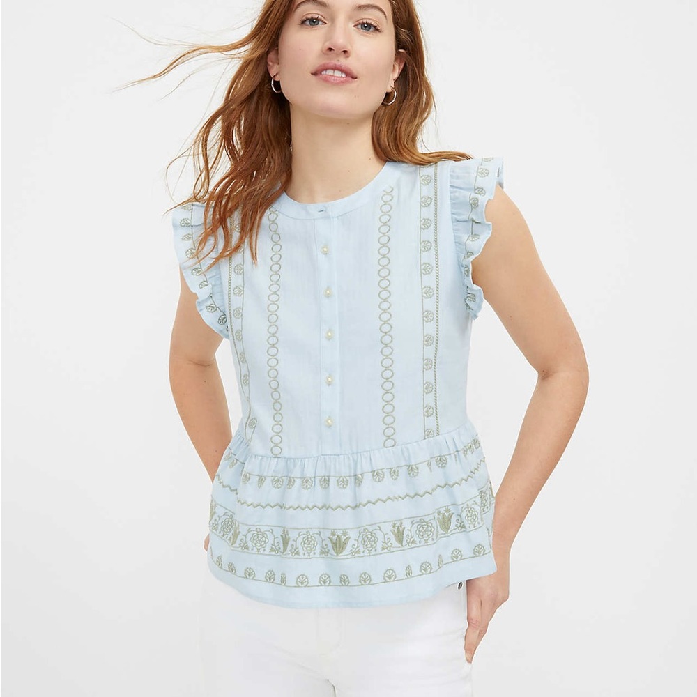 Loft Light Blue Ruffle Sleeve Top Size Small